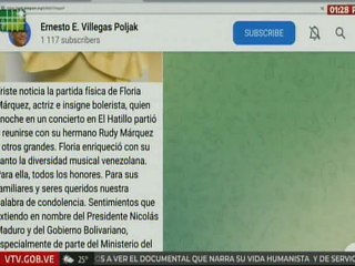 Min. Ernesto Villegas lamenta partida física de la insigne actriz y bolerista Floria Márquez