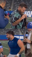 Cam Skattebo & Ryan Fitzpatrick rip shirt off on postgame show