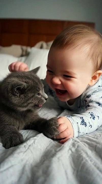 Bé cười sảng khoái khi chơi với mèo con siêu cưng 🐱❤️