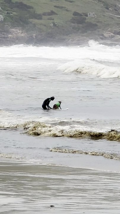 Cachorro chama atenção ao pegar onda no Farol de Santa Marta