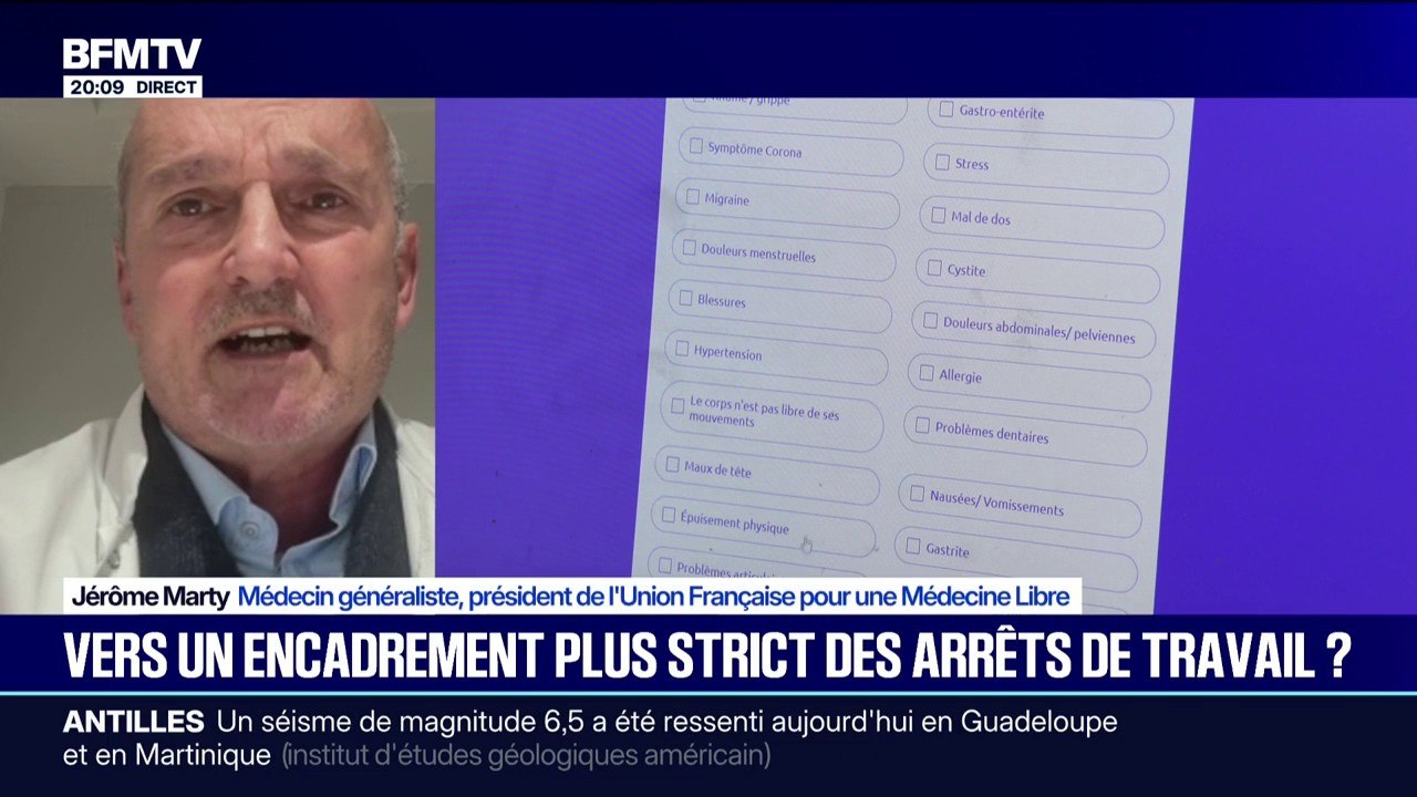 Vers un encadrement plus strict des arrêts de travail? "Dire tous les patients se vaudront, ils auront tous 15 jours, ce n'est pas le soin", affirme le médecin Jérôme Marty