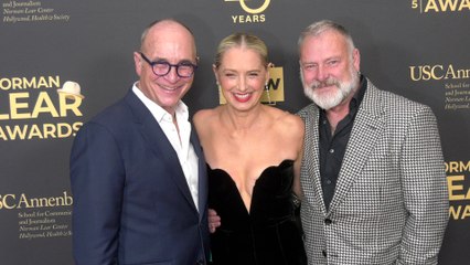 Joe Sachs, Katherine LaNasa and R. Scott Gemmill attend the 2025 Norman Lear Awards red carpet