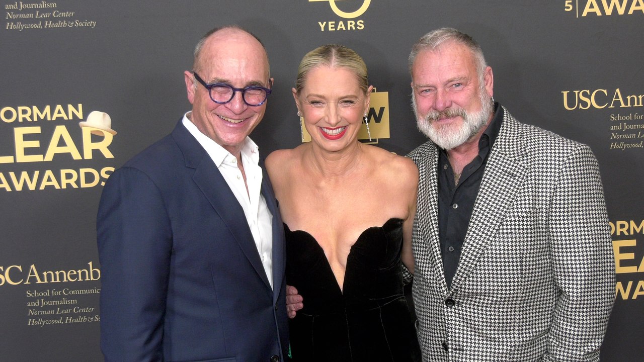 Joe Sachs, Katherine LaNasa and R. Scott Gemmill attend the 2025 Norman Lear Awards red carpet