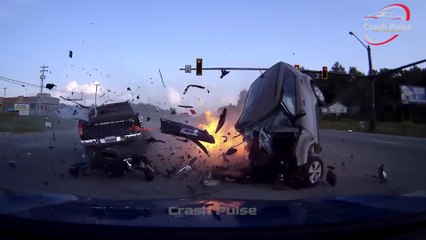 Red Light Crash Sparks Fire at Intersection | Crash Pulse