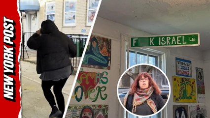 Installation "artist" Rebecca Goyette fleeing NYP reporter in Brooklyn