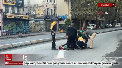 İstanbul'da çöp kamyonu İSKİ'nin çalışması sonrası tam kapatılmayan çukura girdi