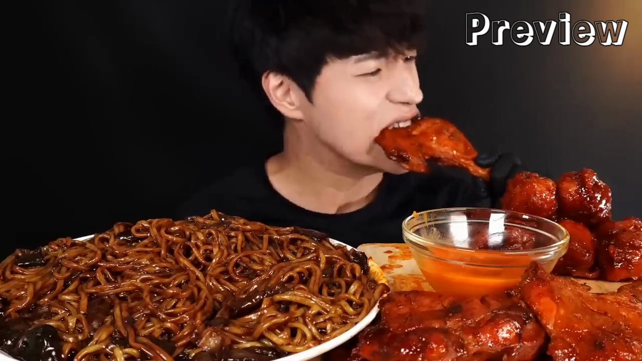 ASMR MUKBANG | SPICY BLACK BEAN NOODLES & SPICY BBQ CHICKEN | ASMR EATING COMPILATION