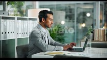 Finance, laptop and typing with business man at desk in office to update online account or report
