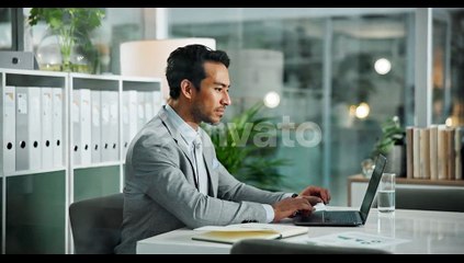 Finance, laptop and typing with business man at desk in office to update online account or report