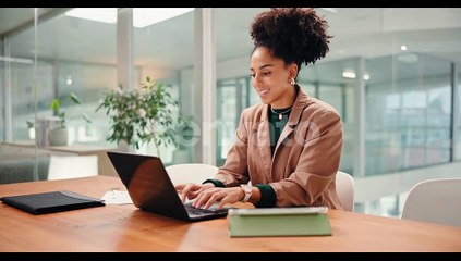 Typing, employee and woman with laptop, office and policy updates on company website, HR and online
