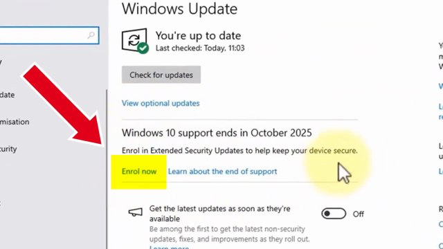 Solve enroll option not showing for windows 10 extended security updates