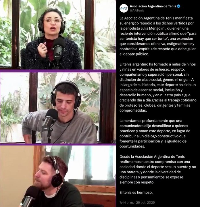 Mengolini tildó de "tontos" a los jugadores de tenis, fue repudiada y redobló la apuesta: se burló de la Asociación Argentina de Tenis