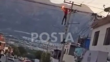 VIDEO| Vecinos captan momento en que hombre se electrocuta y cae de poste en Santa Catarina