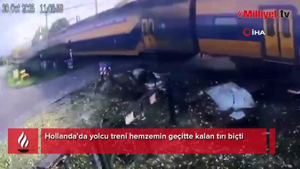 Hollanda'da yolcu treni hemzemin geçitte kalan tırı biçti