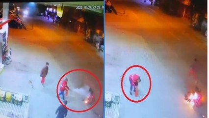Alev alan motosiklet akaryakıt istasyonunda devrildi: O anlar kamerada!