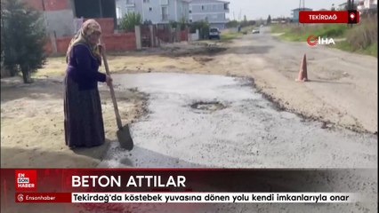 Tekirdağ'da köstebek yuvasına dönen yolu kendi imkanlarıyla onar