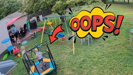 Little boy tries butt bouncing on a trampoline but flips out of the opening