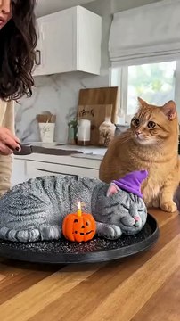 🤣 She Cuts a Halloween 🎃Cat Cake 🍰 — and the Real Cat Totally Freaks Out! 😹 “Calma, é só bolo!” #JustCake #FunnyCatVideo