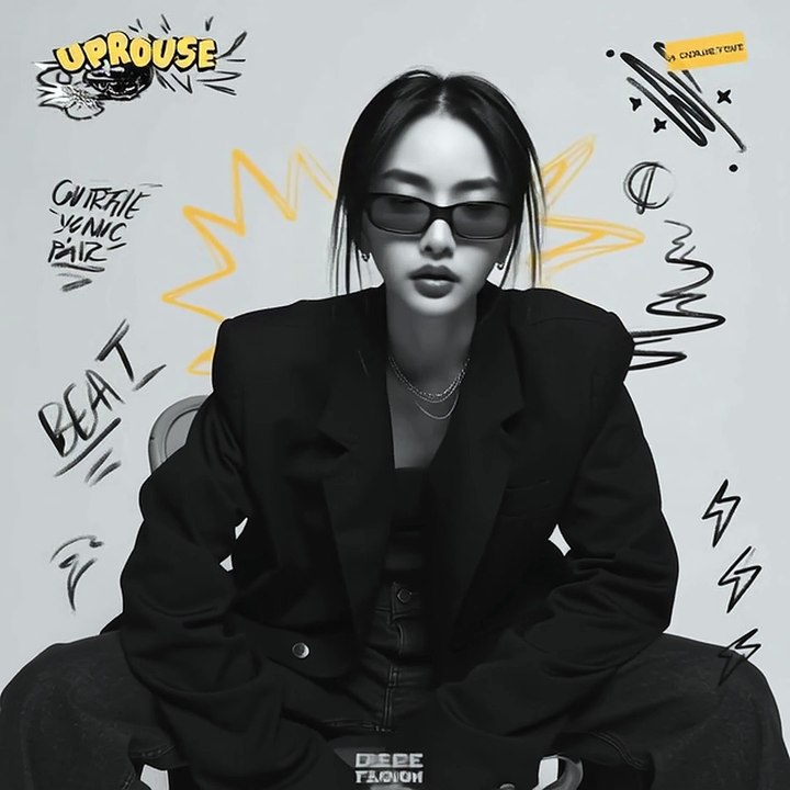 Ultra-realistic black and white studio portrait, vertical 9:16. (Use the uploaded picture as reference for the face). He is sitting on a simple folding chair, wearing an oversized black blazer, black t-shirt, flared jeans, and chunky sneakers.