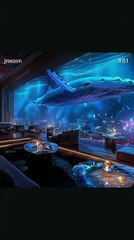 Hyper-realistic cinematic view of a luxury futuristic hotel suite in coral dusk. Rendered footage of the deep ocean, glowing jellyfish and a giant whale lit up with bioluminescent rays.