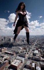 Giant women walking over city ai