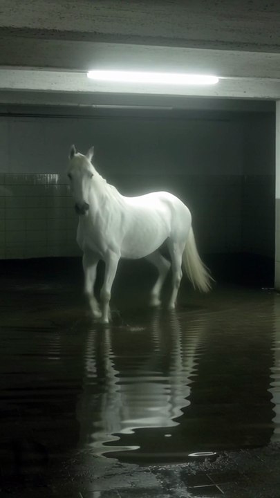Generate a white horse walking inside a dark