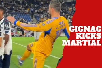 French star Andre-Pierre Gignac kicks Anthony Martial after a heated game