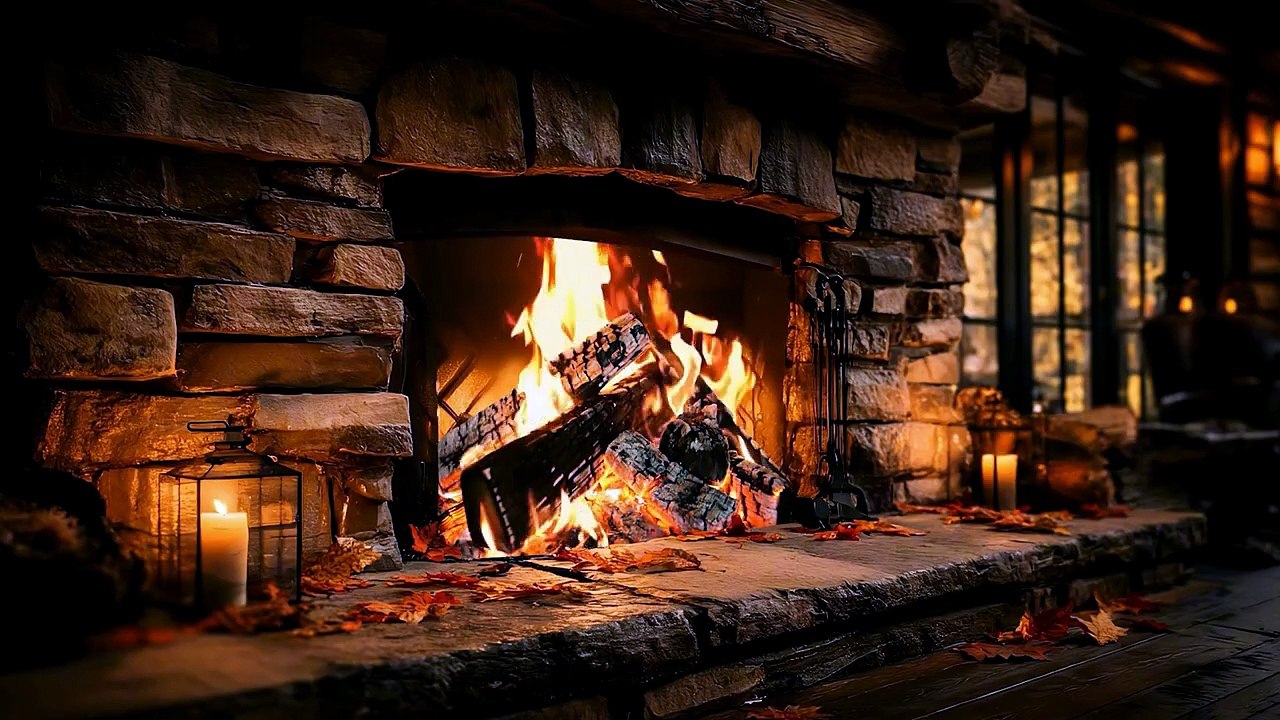Cozy Cabin Ambience - Rain and Fireplace Sounds at Night Sleeping, Reading Relaxation Crackling Fire