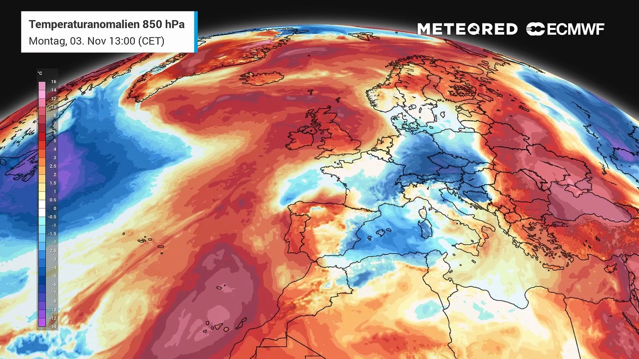 In rund 1.500 Metern Höhe bleibt die Luft bis Donnerstag außergewöhnlich warm – die 850-hPa-Temperaturen liegen über Deutschland bis 13 Grad über dem klimatologischen Mittel.