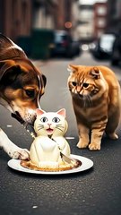 dog cuts a cat  shaped cake and real cat freaks out