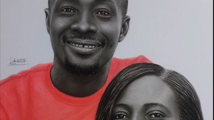 Artist uses charcoal pencil to transform canvas into a realistic drawing of a couple
