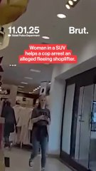 Woman in a SUV helps cop catch fleeing shoplifter.