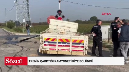 Trenin çarptığı kamyonet ikiye bölündü