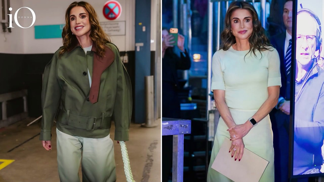 Rania di Giordania in verde sfumato: un nuovo power look per parlare ai giovani