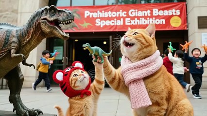 🦖😹 Tiger-Hat Kitten Freaks Out at “Alive” T-Rex in Dino Museum — His Hat Goes Flying! 🎩💨