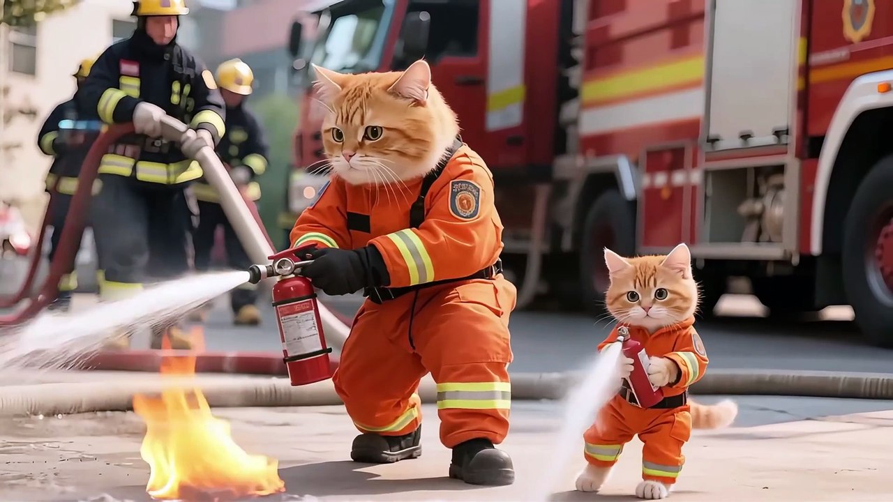 🚒🐱 Tiger-Hat Kitten Becomes a Tiny Firefighter — Saves Grandma & Black Cat from the Flames! ❤️🔥