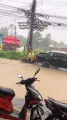 Scooter Fails to Stop In Flooded Street and Crashes Into Truck in Thailand