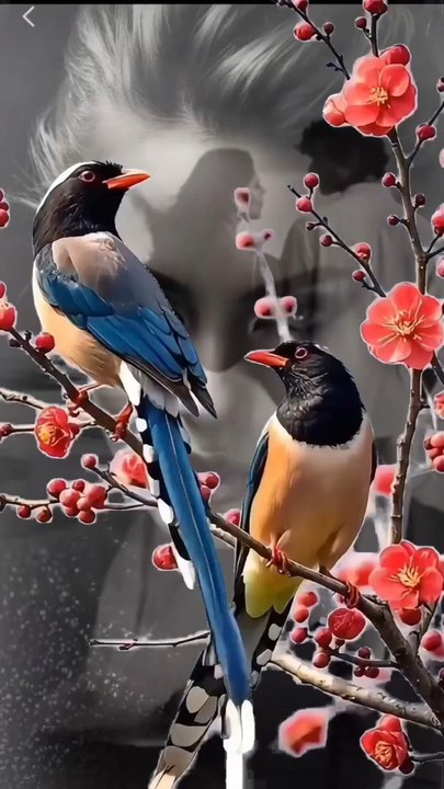Entre ciel et âme. des oiseaux sur une branche symbole de liberté. Une femme en noir et blanc  reflet de la grâce et le mystère