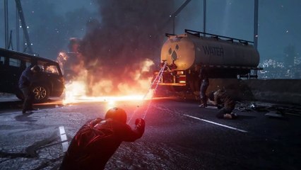 Miles trying to save people on a collapsing bridge.