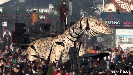 Un varano e un drago in piazza a Calais, lo spettacolo mozza il fiato