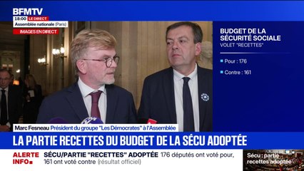 "Recettes" du budget de la Sécurité sociale adoptée: "Je suis heureux que nous ayons pu aboutir sur un vote positif", déclare Marc Fesneau, président du groupe (Les Démocrates) à l'Assemblée nationale