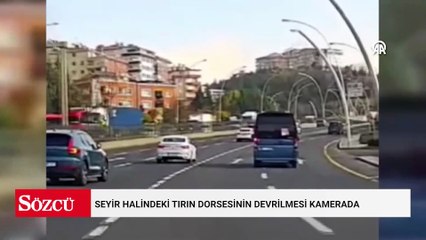 Ankara'da seyir halindeki tırın dorsesinin devrilmesi kamerada