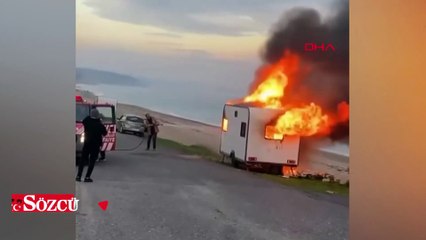 Çatalca'da park halindeki karavan alev alev yandı