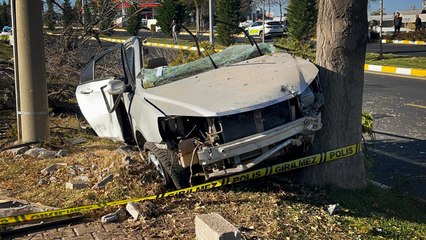 Dehşet anları kamerada: Refüjdeki ağaca çarpan otomobil ikiye bölündü!