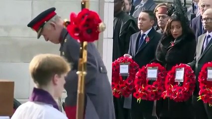 Prince William and King Charles lay wreaths during Remembrance Sunday service