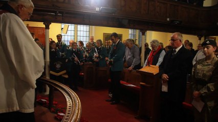 Watchet's war memorial Remembrance event was held indoors in the Methodist Church because of the weather. Film by George Ody