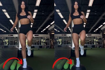 Video shows a woman toning her body while balancing on a ball