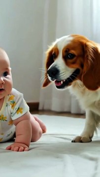 Dog Bursts With Excitement at Sight of His Baby Brother Crawling