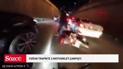Yoğun trafikte 2 motosiklet çarpıştı; kaza kask kamerasında