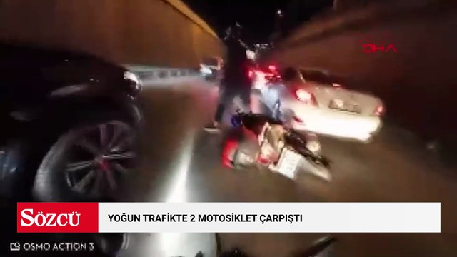 Yoğun trafikte 2 motosiklet çarpıştı; kaza kask kamerasında